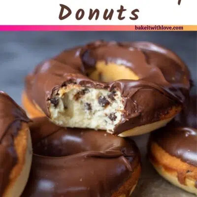 Pin image with text of chocolate chip baked donuts.