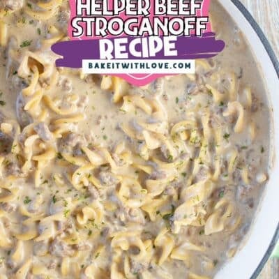 Hamburger helper beef stroganoff pin showing a pot of rich and creamy ground beef stroganoff with egg noodles.