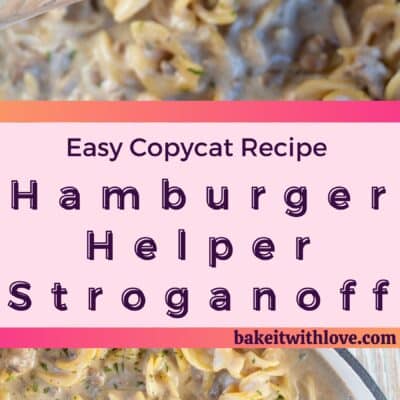Pin image with text of hamburger helper beef stroganoff in a large pan with wooden spoon.