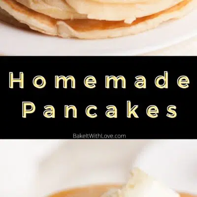 Pin image with text of a stack of homemade pancakes.
