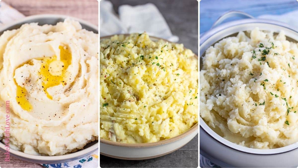 Wide trio image showing three separate pictures of bowls of mashed potatoes.