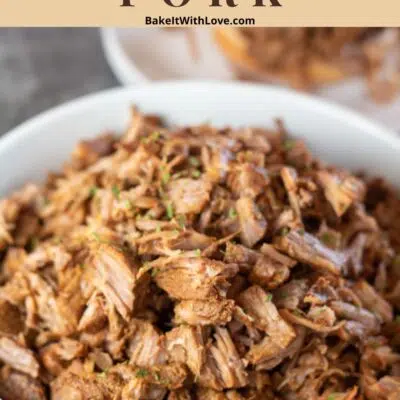 Pin image with text of instant pot pulled pork in a white bowl.