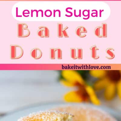Pin image with text of lemon sugar baked donuts on a small white plate.