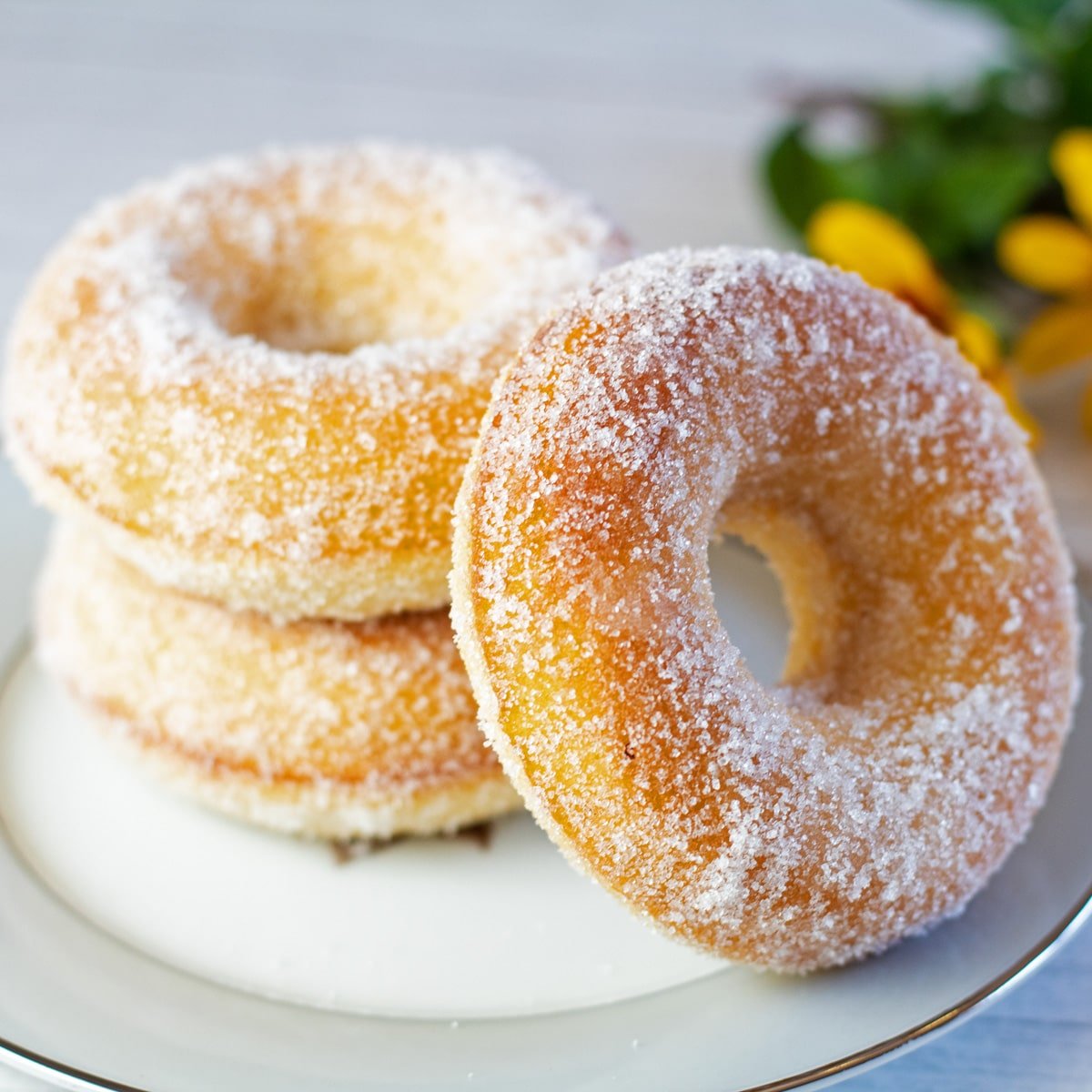 Vierkant beeld van met citroensuiker gebakken donuts op een kleine witte plaat.