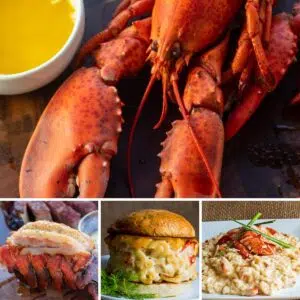 Square collage image showing multiple lobster dishes.