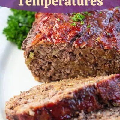 Pin image for meatloaf internal temps with text.