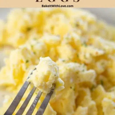 Pin imagewith text of microwaved scrambled eggs on a plate.