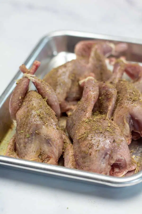 Process image 1 showing trussed and seasoned quail.
