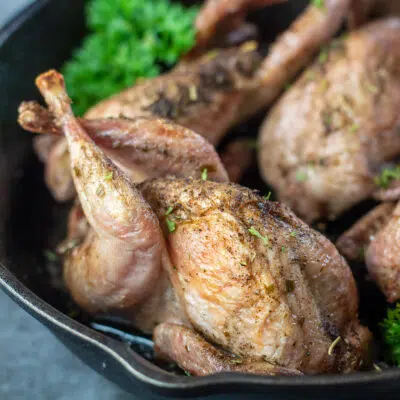 Square image of roasted quail in a cast iron pan with parsley.