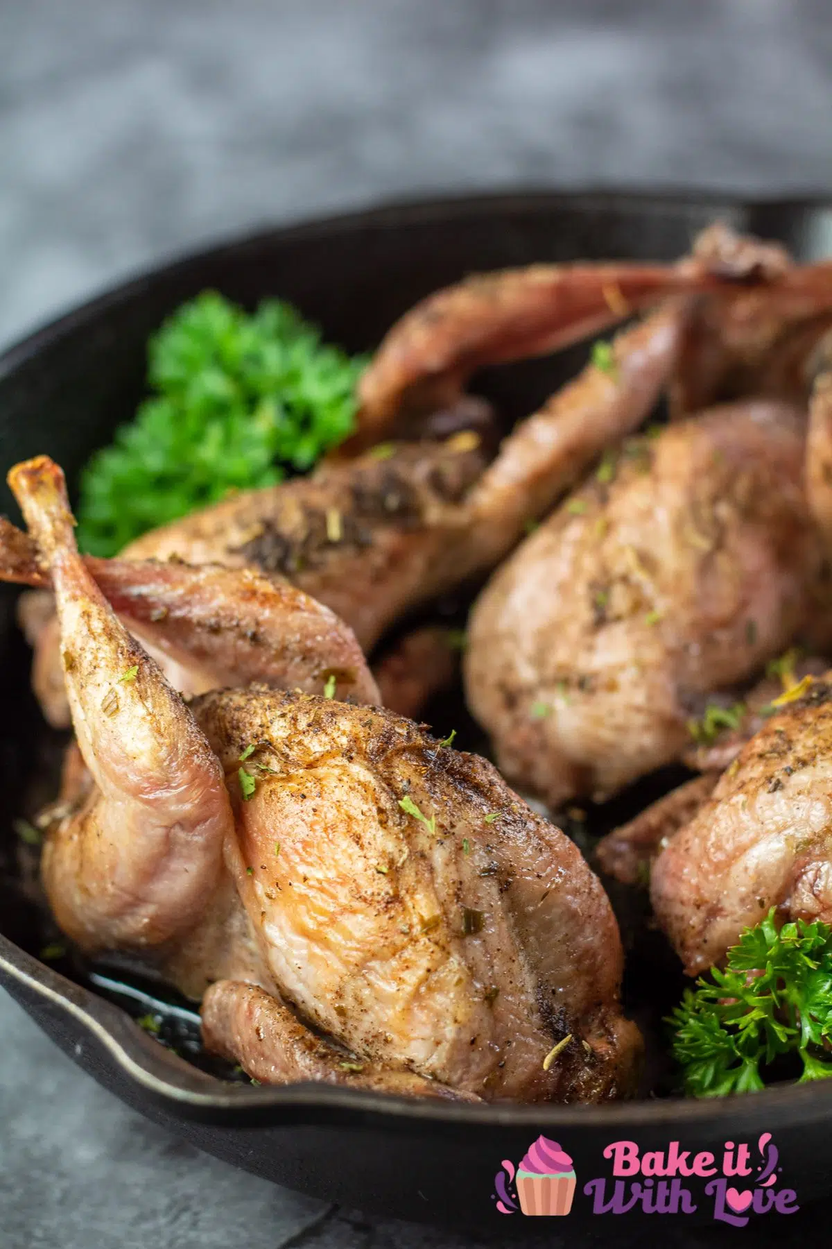 Tall image of roasted quail in a cast iron pan with parsley.