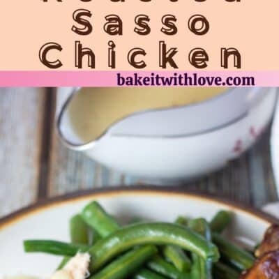 Pin image with text of roasted sasso chicken on a serving dish.