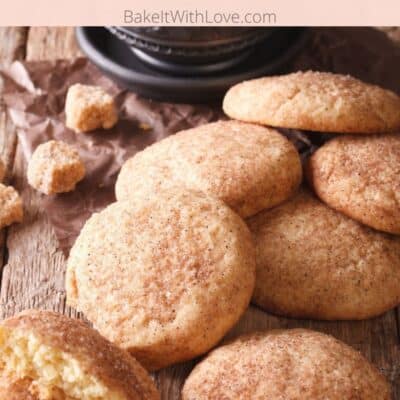 Pin image with text of snickerdoodle cookies next to a cup of coffee.
