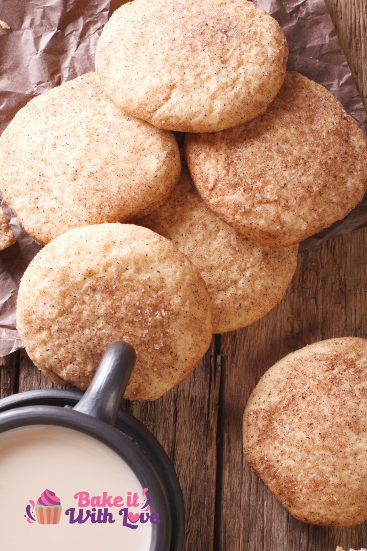 Tall overhead image of snickerdoodle cookies next to a cup of coffee.