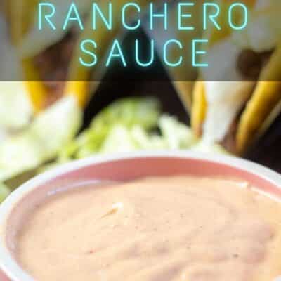 Pin image with text of taco bell spicy ranchero sauce copycat in a small bowl.