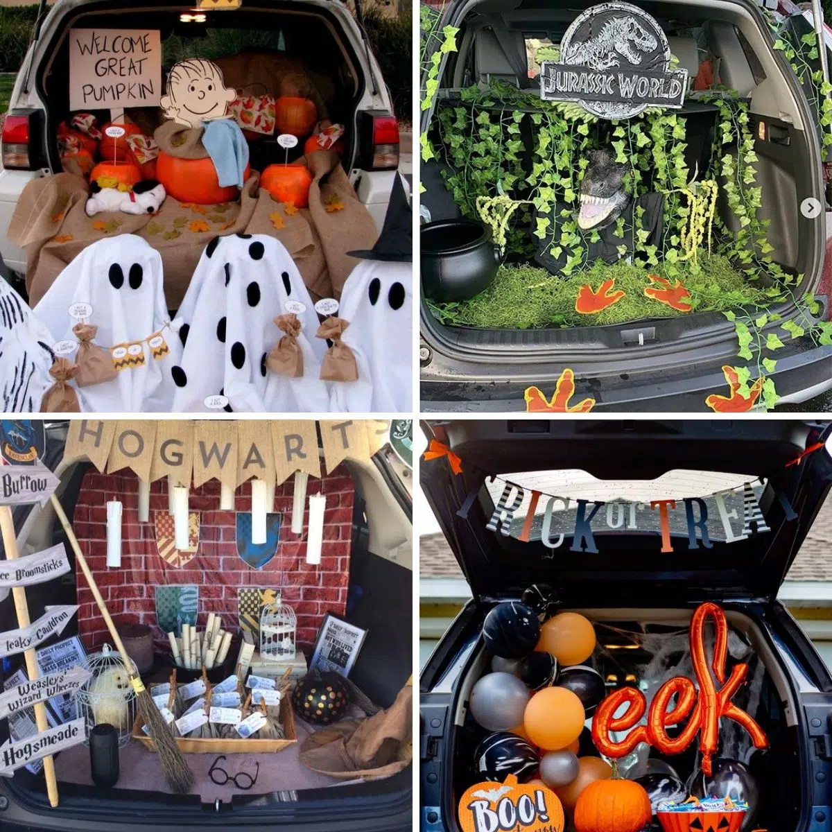 Best trunk or treat ideas for Halloween trick or treating featuring 4 images in collage.
