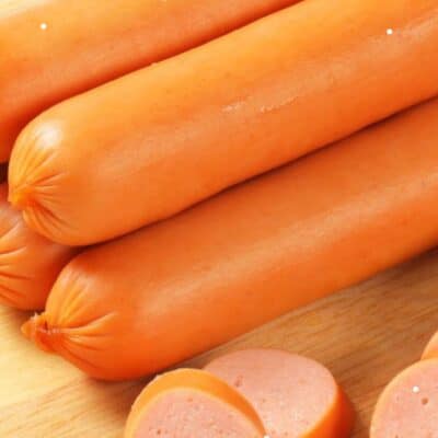 What is frankfurter pin with text footer and image of stacked frankfurters.