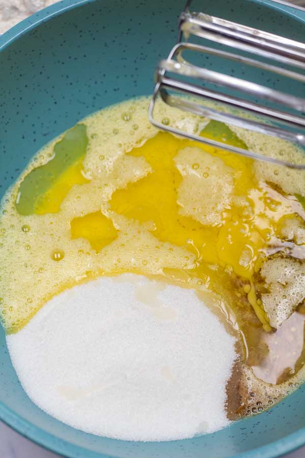 Process image 2 showing beaten eggs in mixing bowl with sugar.