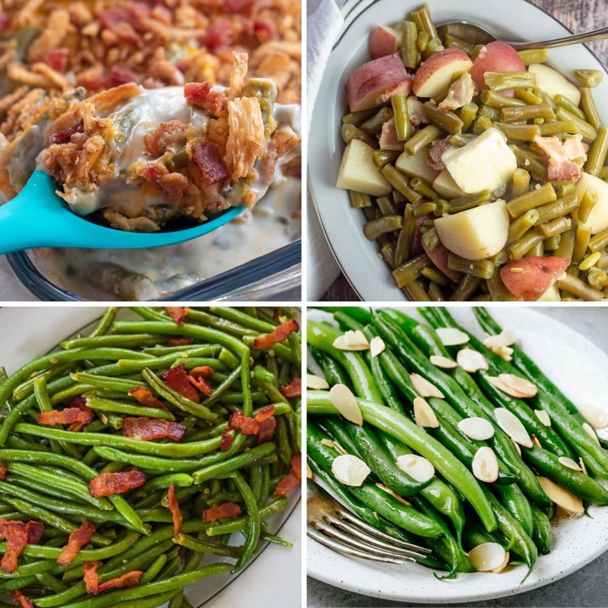 Best Thanksgiving green bean recipes to make featuring 4 tasty recipes to try in a 4 image square collage.
