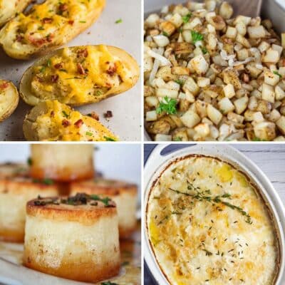 Best Thanksgiving potato recipes with 4 family favorite side dishes pictured in a square collage.