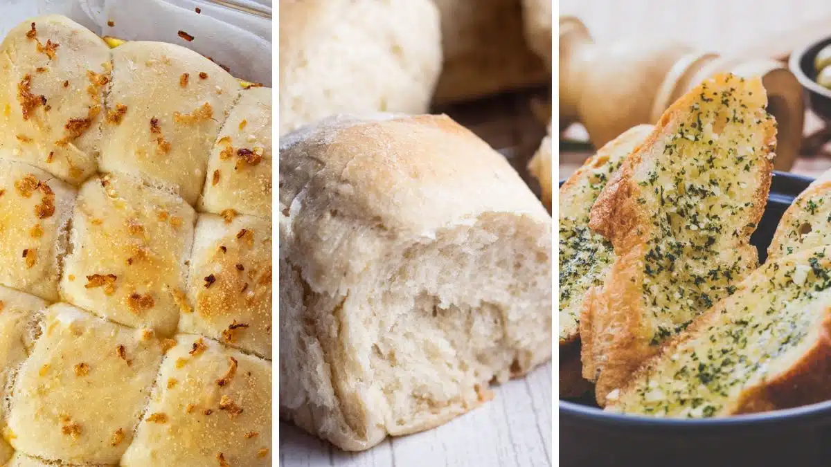 Best Thanksgiving dinner rolls and bread recipes side-by-side trio collage image of three easy breads to bake for holiday meals.