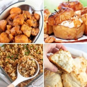 Budget Thanksgiving dinner menu ideas 4 image collage featuring easy, affordable recipes to make.