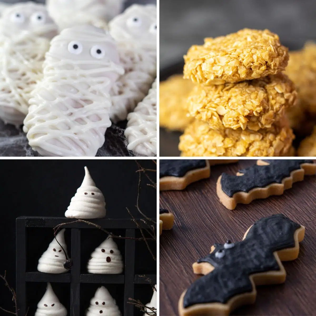 Melhores receitas de biscoitos de Halloween com quatro receitas em destaque em uma colagem quadrada.