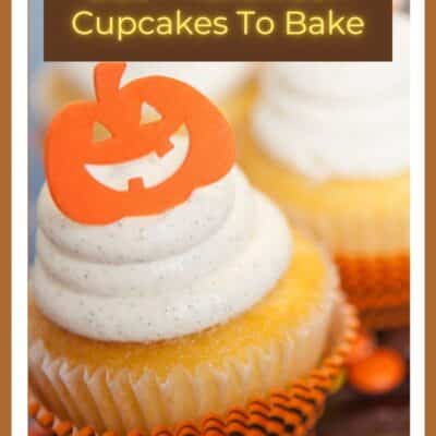 Best Halloween cupcake recipes pin with easy vanilla cupcakes and text title block.