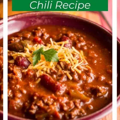 Best homemade chili pin with bowl of chili and text title box.