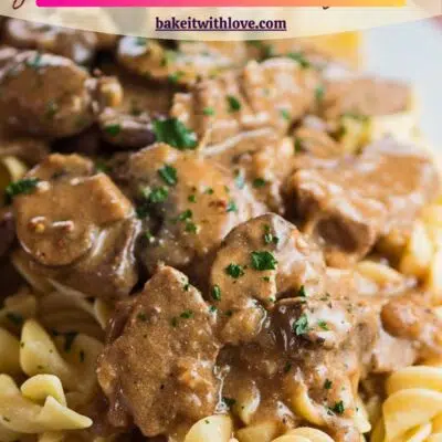 Best leftover prime rib beef stroganoff pin with delicious beef and sauce over noodles.