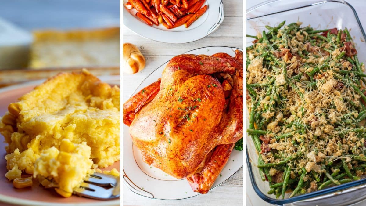 A wide three-image collage featuring tender, golden Jiffy corn casserole, a beautifully roasted Thanksgiving turkey, and homemade green bean casserole with bacon.