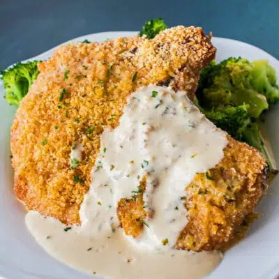 Square image of Parmesan crusted pork chops on a plate with broccoli.