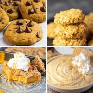 Best recipes that use canned pumpkin puree square collage image featuring 4 tasty treats to make.