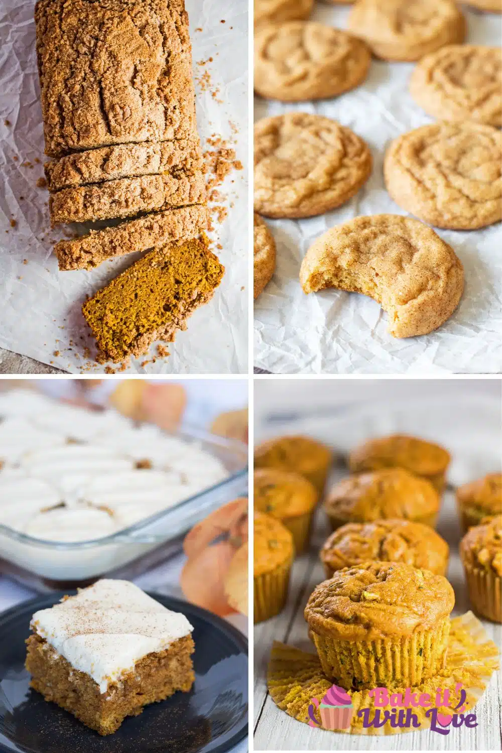Best recipes that use canned pumpkin puree shown in a 4 pane tall collage.