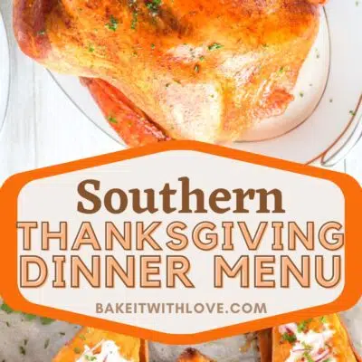 Southern Thanksgiving dinner menu ideas pin with turkey and sweet potatoes.
