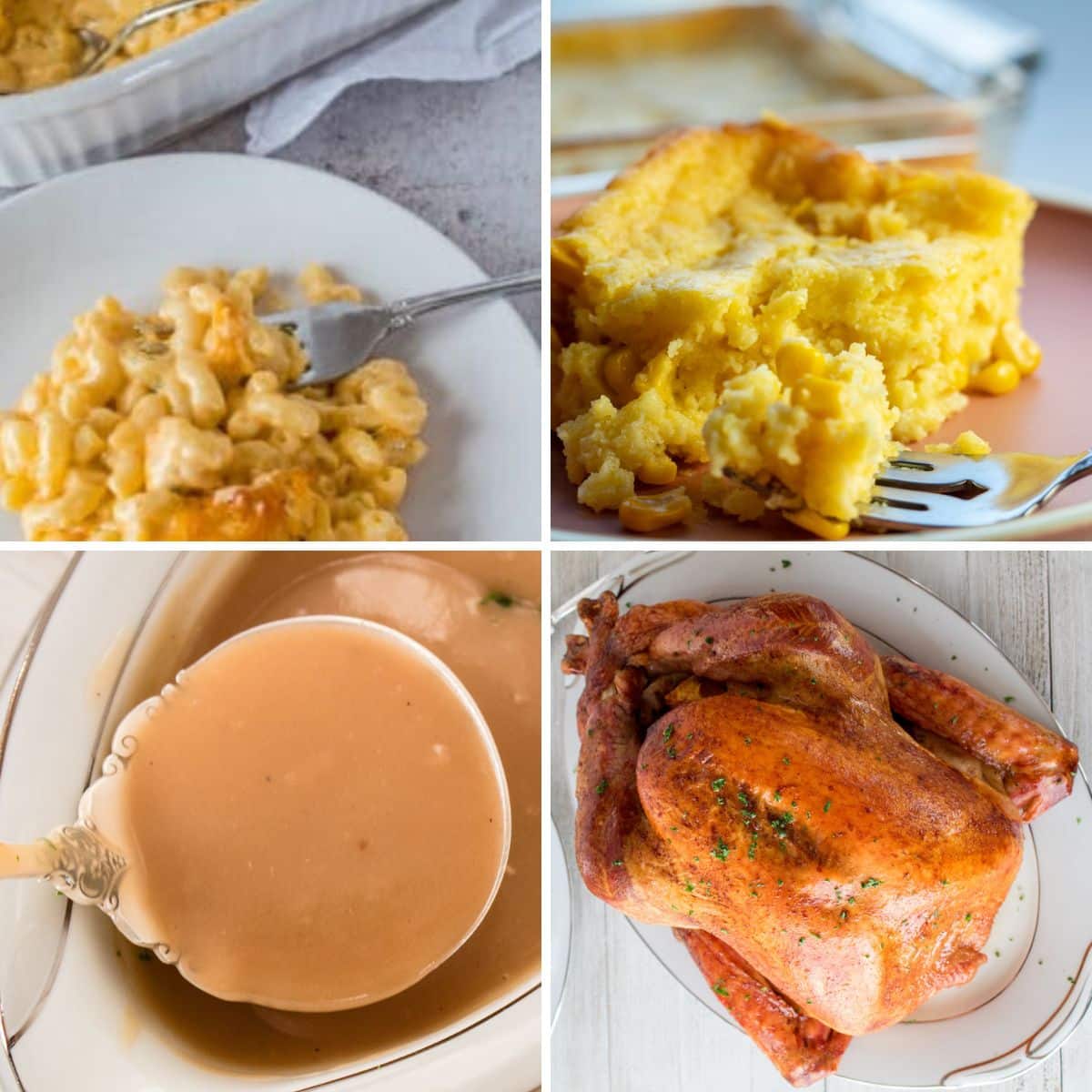 Ide menu makan malam Thanksgiving Selatan menampilkan 4 kolase gambar.