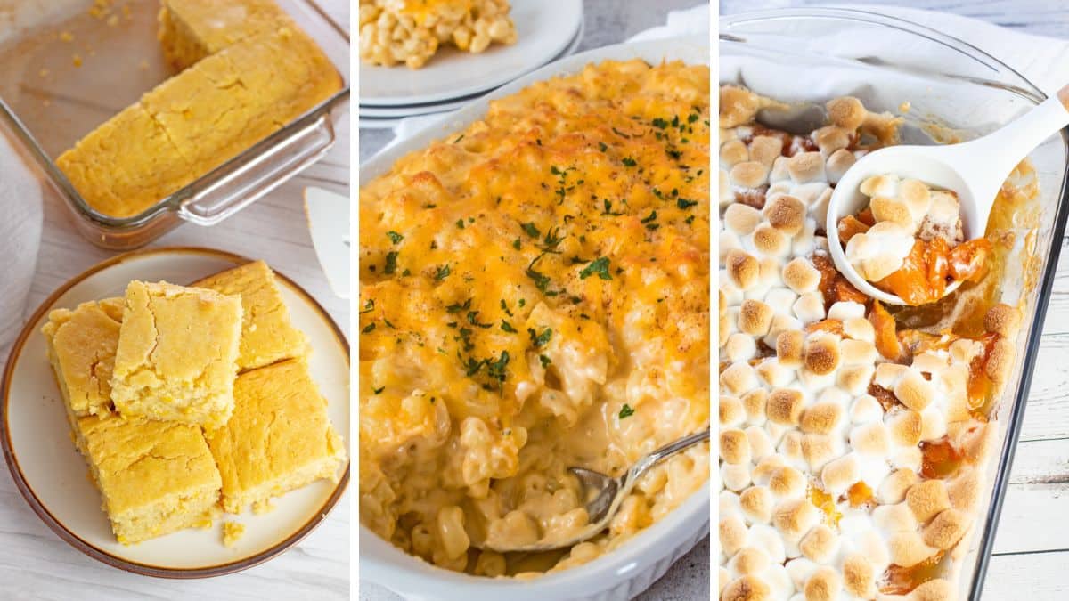 A wide three-image collage showing fluffy golden creamed corn cornbread, rich and cheesy Southern baked macaroni and cheese, and marshmallow-topped sweet potato casserole.