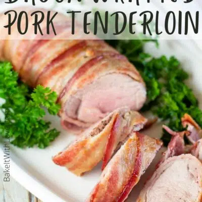 Pin image with text of air fryer bacon wrapped pork tenderloin.