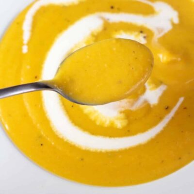 Tall image of a large bowl of butternut squash soup.