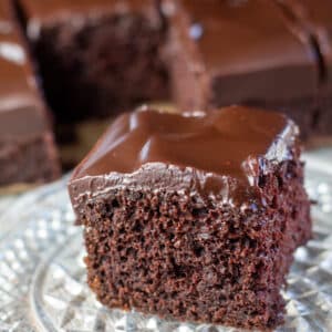 Close up square image of easy chocolate cake.