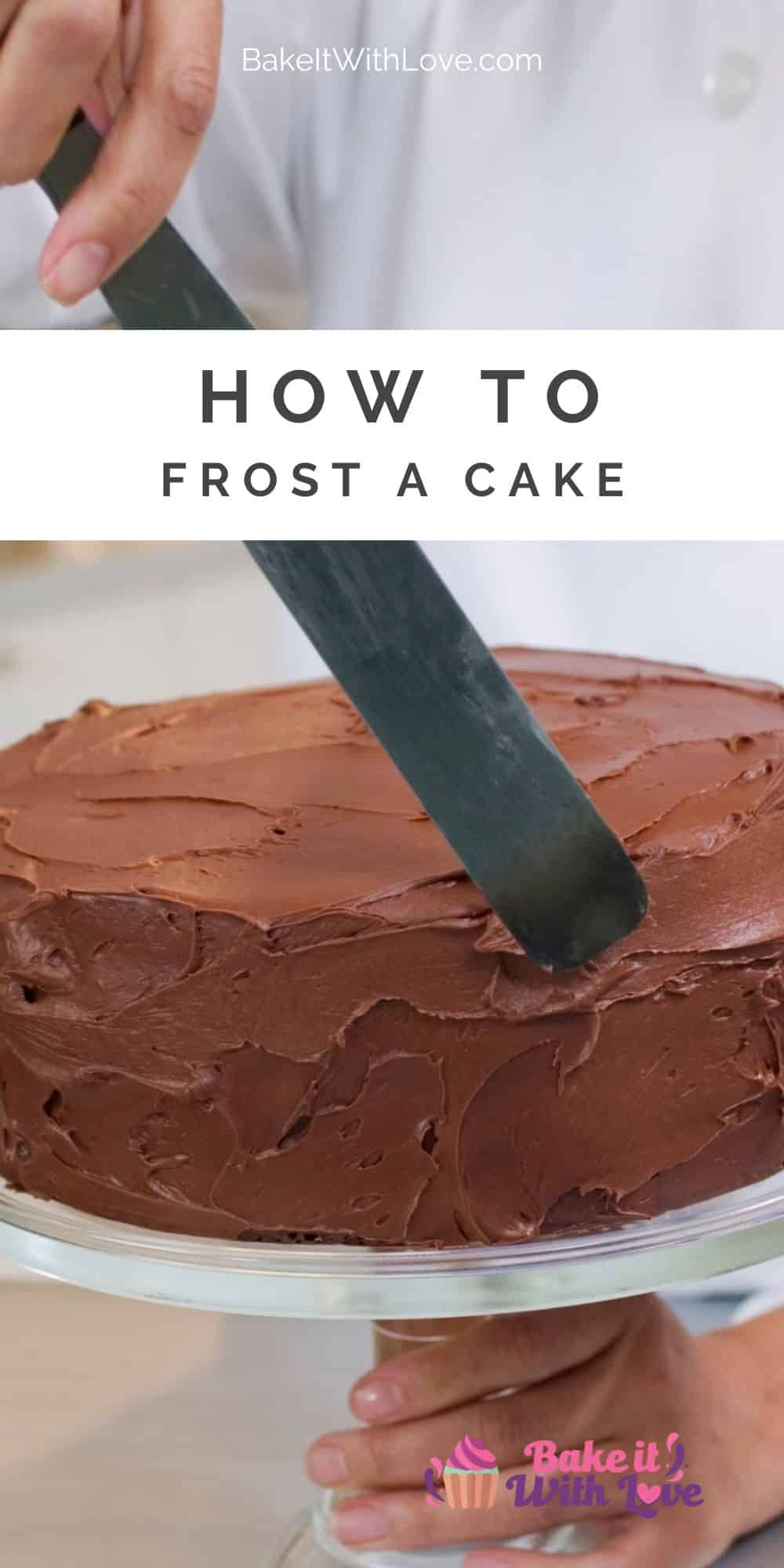Pin image with text showing frosting a cake.