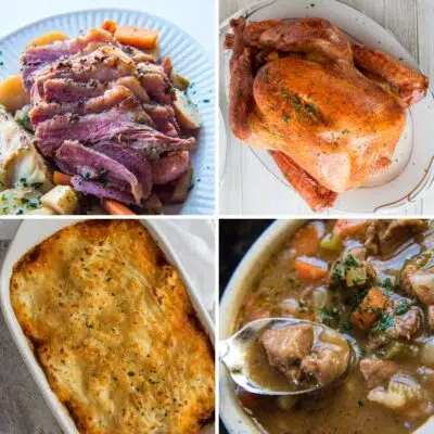Square collage image of 4 different Irish Thanksgiving dinner ideas.
