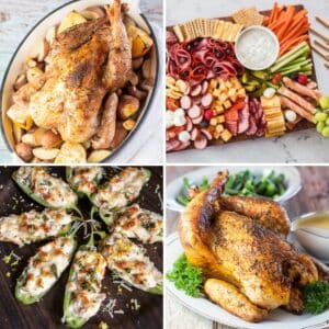 Square collage image of 4 different keto low carb Thanksgiving ideas.