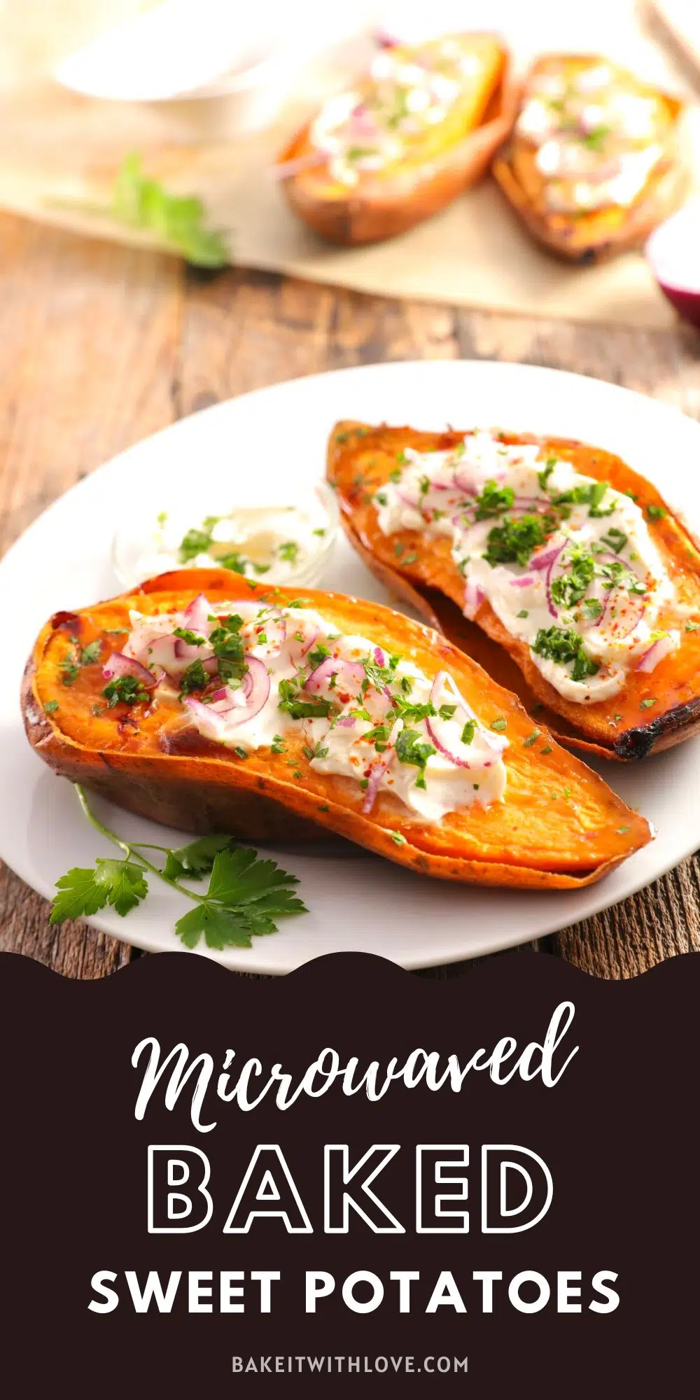 Pin image with text of microwave baked sweet potatoes.