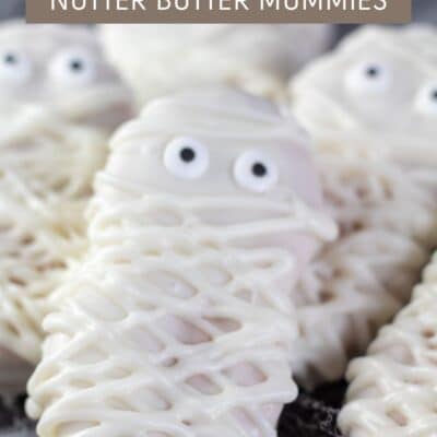 Pin image with text showing nutter butter mummies.