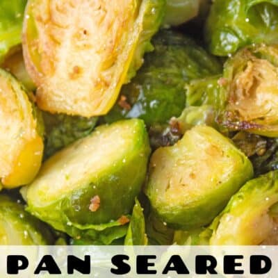Pin image with text of pan seared brussel sprouts in a large bowl.