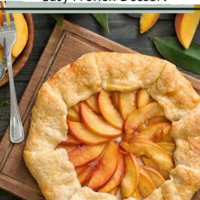 Pin image with text showing a peach galette.