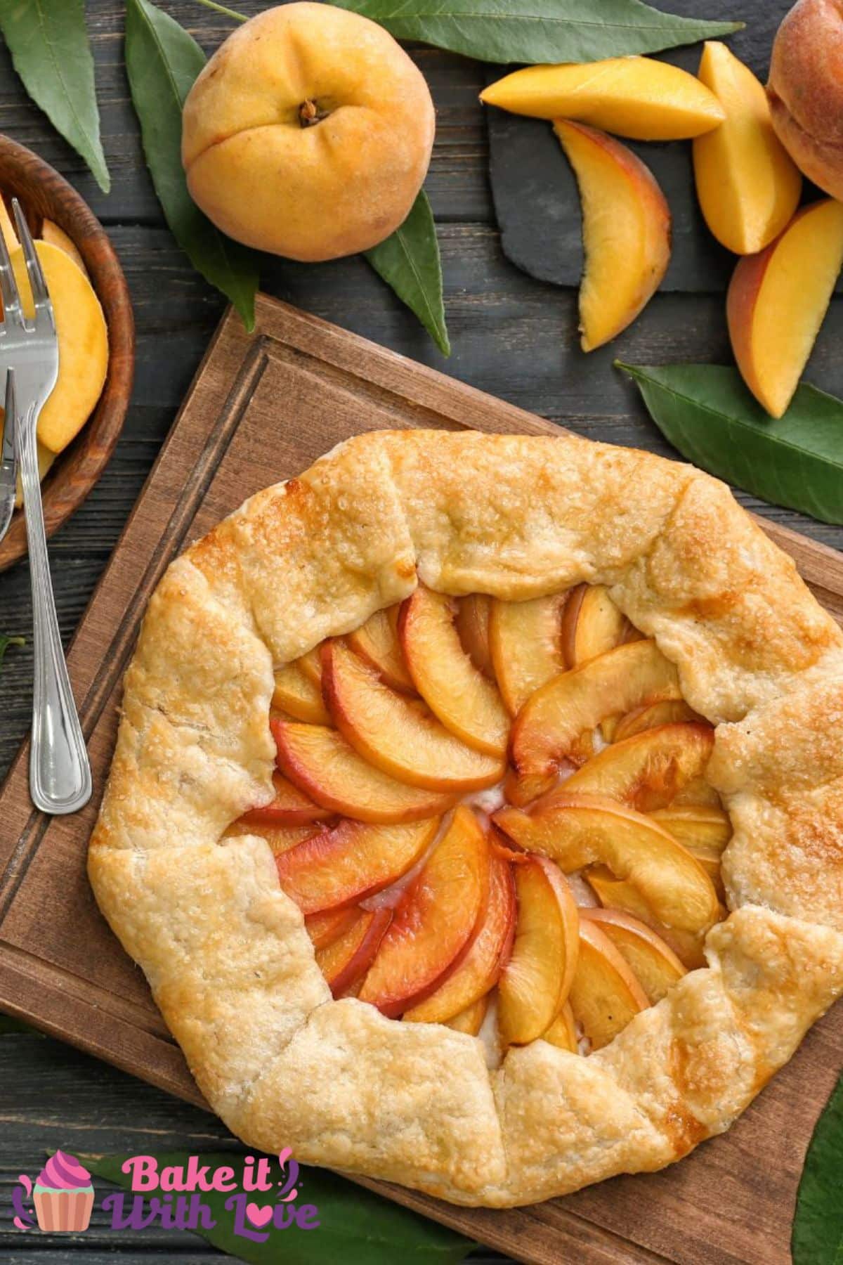 Tall image showing a peach galette.