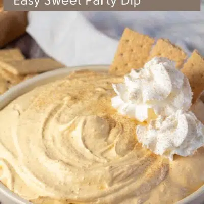 Pin image with text showing pumpkin fluff in a bowl.
