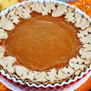 Square close up image of a whole pumpkin pie.