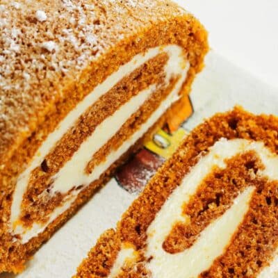 Square image of pumpkin roll.
